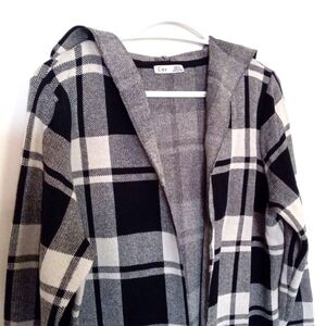 Dex Women's Black & Cream  Hooded Plaid Open Front Cardigan